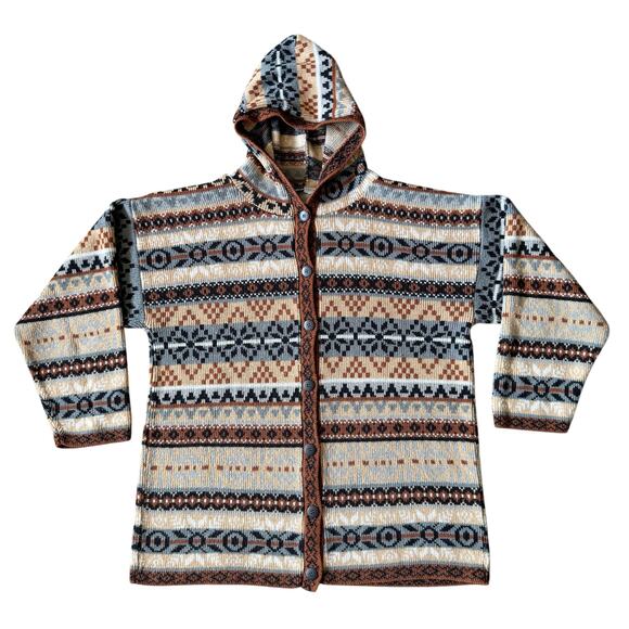 Vintage Fair Isle Cardigan Sweater Hooded Retro Nordic 90s Cabincore Neutrals - Picture 1 of 7